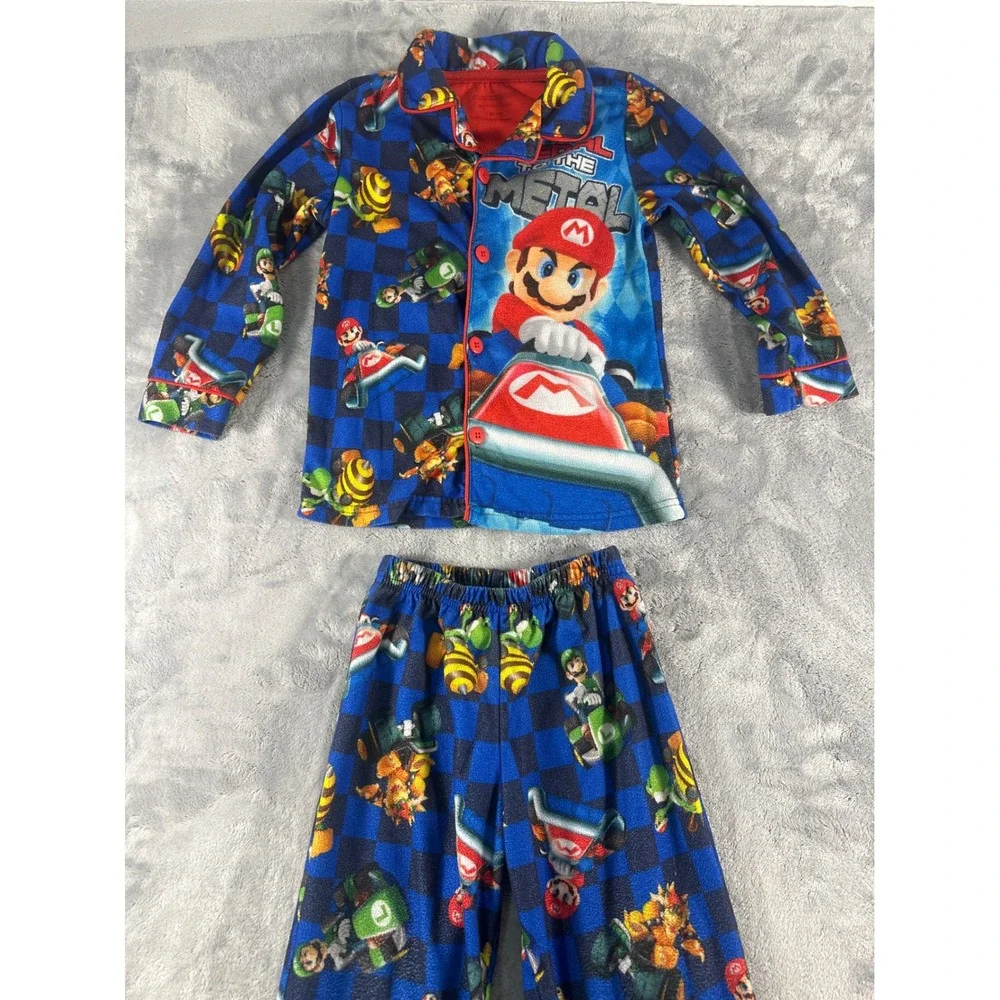 Nintendo Mario Kart Boys Pajama Set Blue Fleece 2PC Mario Luigi Bowser XS 4/5